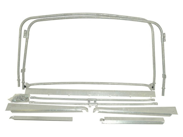 Direct Replacement Hood Stick Kit for Series SWB, metal hood stick components laid out, including bars, brackets, and mounting hardware for vehicle repair or customization.