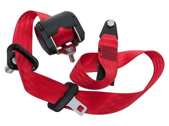 Britpart Front Seat Belt - Red for Defender Station Wagon, close-up view of the red safety belt with buckle and fastening components.