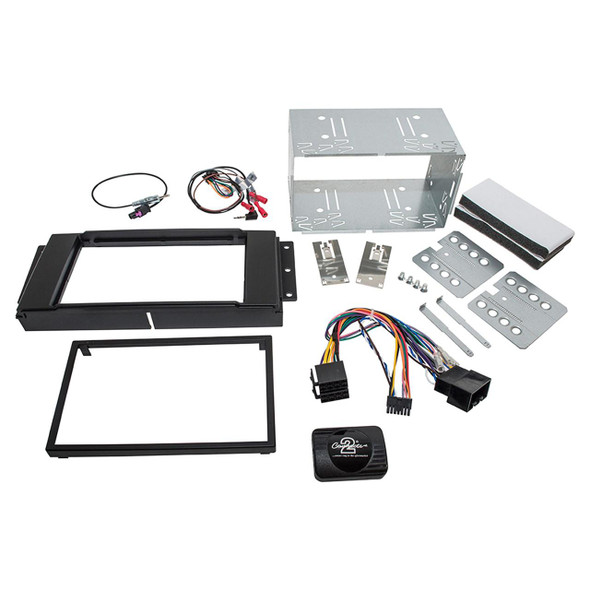 Britpart Double Din Radio Installation Fascia for Discovery 3 & Freelander 2 & Range Rover Sport, image showing metal brackets, wiring harness, fascia, and installation accessories for car stereo fitting.