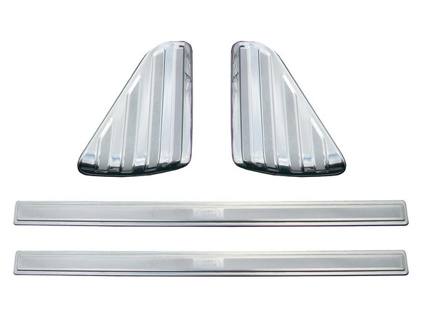 Britpart Stainless Steel Side Sill Treadplate Kit for Freelander 2, chrome-plated stainless steel side sill treadplates with long strips for vehicle side protection.