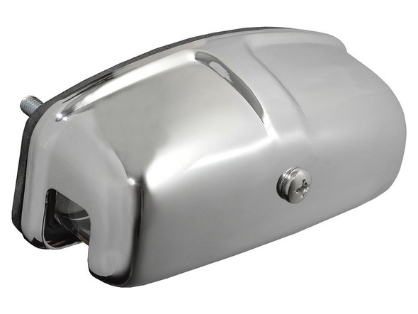 Britpart Replacement Number Plate Light in Chrome - XFC100550CH, product image showing a shiny chrome finish number plate light designed for Defender and Series vehicles.