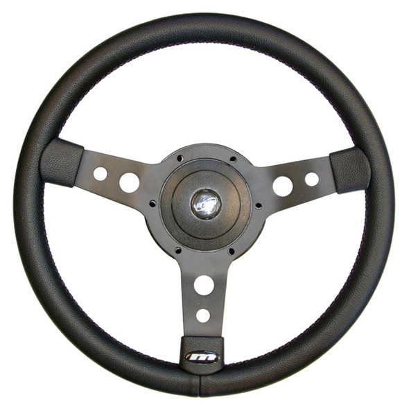 Britpart Defender & Series 2/2A/3 14" 3-Spoke Sports Steering Wheel, black leather wrapped with metal spokes.