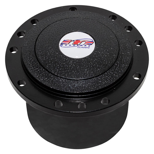 Mountney Defender & Series 2/2A/3 Steering Wheel Boss Kit, black round steering wheel hub with mounting holes and Mountney logo in the centre.