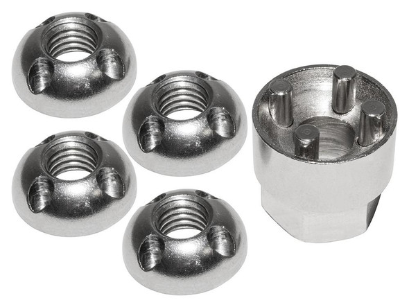 Britpart M10 Tamper Proof Security Nut Set & Key, set of four stainless steel tamper-proof nuts with a specialized key for secure fastening.