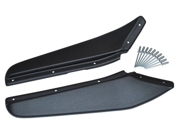 Britpart Rear of Front Wheel Dirt D-Fender Pair for Defender, black rear d-fenders with mounting hardware for front wheels of a Land Rover Defender.
