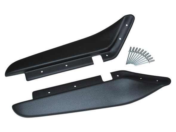 Britpart Rear of Rear Wheel Dirt D-Fenders Pair for Defender 110, black plastic wheel splash guards with mounting screws.