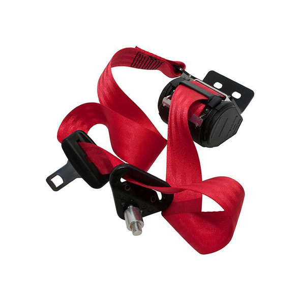 Britpart Left Hand Seat Belt - Red for Defender Truck Cab, red safety seat belt with mounting hardware and buckle for vehicle security.
