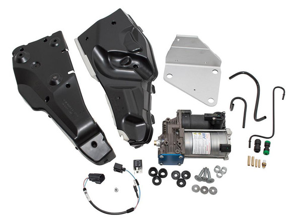 AMK Air Suspension Compressor AMK Upgrade Kit for Discovery 4, automotive air suspension components including compressor, cover plates, mounting brackets, hoses, and wiring.