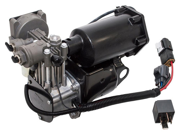 Hitachi Genuine Hitachi Air Suspension Compressor, for Discovery 3, Discovery 4, and Range Rover Sport | LR023964, with electrical connector and wiring harness
