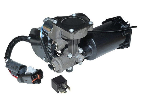 Hitachi Air Suspension Compressor, genuine Hitachi product for Discovery 4 with black and silver components, electrical connections, and mounting hardware.