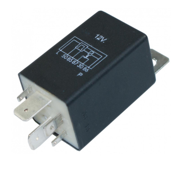 Product: Direct Replacement 12v Glow Plug Timer Relay for Defender and Discovery 200 & 300 Tdi, an image of a black rectangular automotive relay with metal prongs and a wiring diagram printed on top, designed for vehicle glow plug timing control.