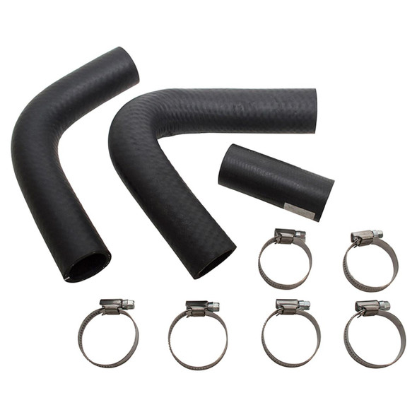 Britpart Radiator Hose Kit for Series 2/2A/3, includes two black rubber radiator hoses, a small black connector hose, and four metal hose clamps. Britpart Radiator Hose Kit for Series 2/2A/3, includes two black rubber radiator hoses, a small black connector hose, and four metal hose clamps.