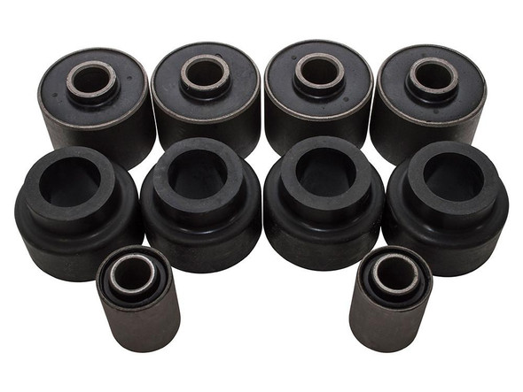 OEM Parts Front Suspension OEM Bush Kit Up to 1993 for Defender, image showing a set of black rubber suspension bushings and metal sleeves for vehicle repair.