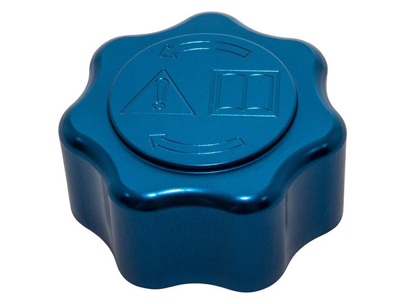 Britpart Aluminium Radiator Expansion Bottle Cap for Defender Td5 & Puma, blue aluminum radiator cap with warning and open book symbols.