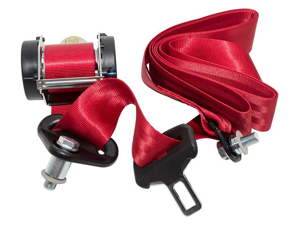 Britpart Rear Seat Belt - Red for Defender Station Wagon, red seat belt with black buckle and retractable mechanism for vehicle safety.