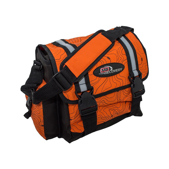 ARB 4X4 Accessories ARB Winch Pack Large Recovery Kit Bag, orange and black with topographic map pattern and sturdy straps.