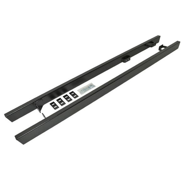 Britpart Rock Sliders for Defender 110, black metal with mounting hardware and side brackets for off-road protection.