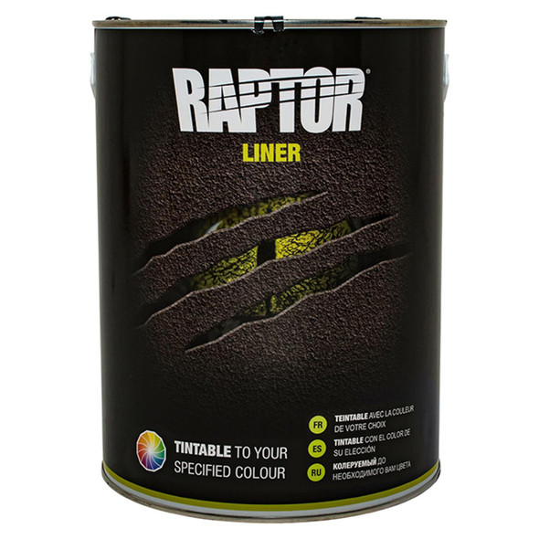 U-POL Raptor Liner 5 L Tintable U-POL, black textured paint can with hazardous material label and a claw mark logo.