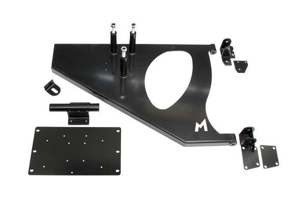 Terrafirma Swing Away Spare Wheel Carrier for Defender, a black metal assembly with mounting brackets, bolts, and a spare wheel platform for vehicle customization.