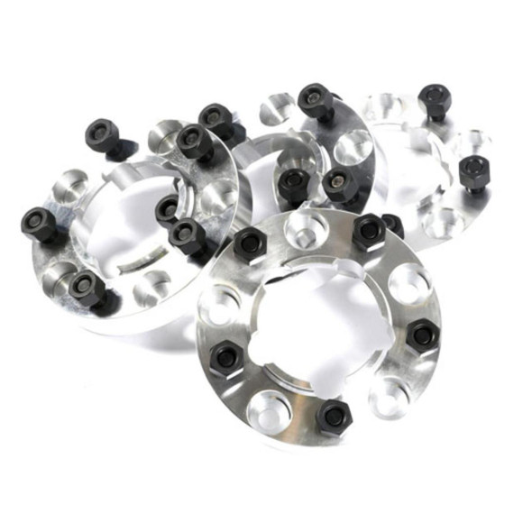 Terrafirma TF301 30mm Alloy Wheel Spacers for Defender and Discovery 1, set of four silver spacers with black lug nuts for vehicle wheel fitment.