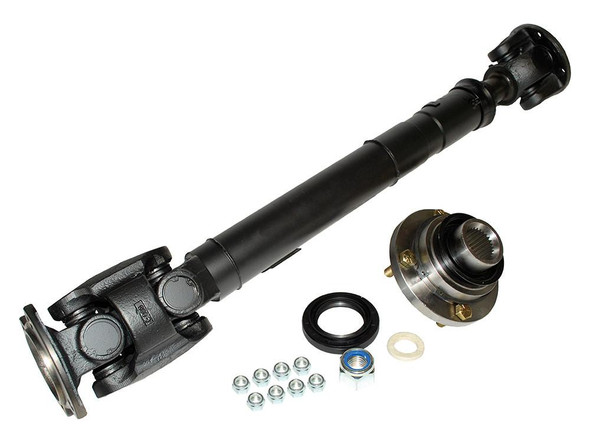 Britpart Double Cardan Extreme Angle Front Propshaft for Defender, black metal driveshaft with universal joints and mounting hardware.