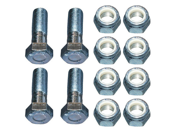 Britpart Wide Angle Propshaft Nut and Bolt Kit for Defender, includes four nuts with white interior and four matching bolts.