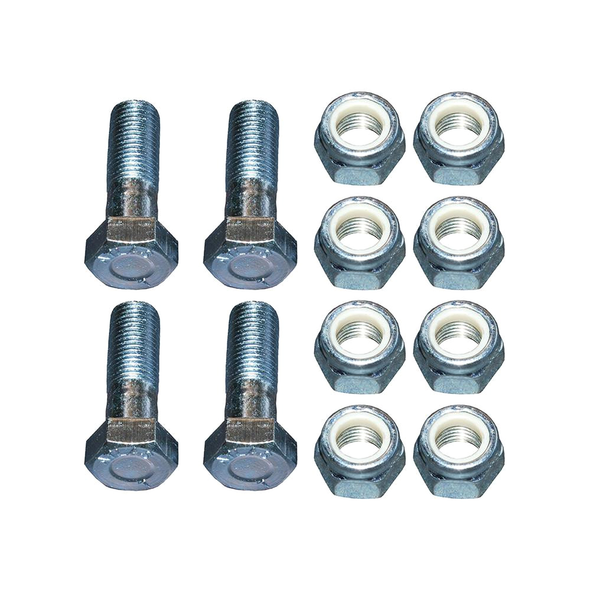 Britpart Wide Angle Propshaft Nut and Bolt Kit for Defender, includes four nuts with white interior and four matching bolts.