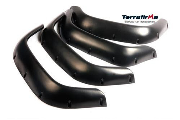 Terrafirma Extra Wide Wheel Arch Kit for Defender 1983-2016, black plastic wheel arch extensions with vent slots.