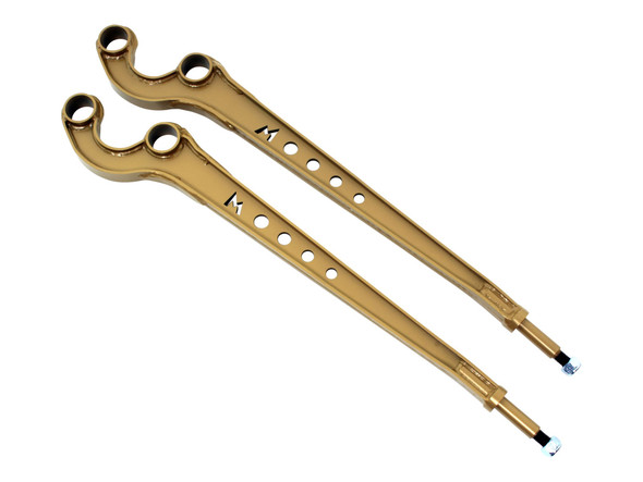 Terrafirma 3 Degree Caster Corrected Front Radius Arms for Defender, Discovery 1, Range Rover Classic | TF508, gold-coloured suspension control arms with eyelet mounts and adjustable ends.
