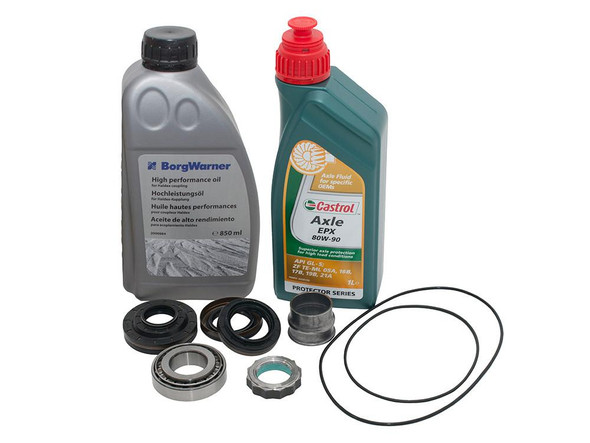 Britpart Rear Differential Pinion Bearing Rebuild Kit with Oils for Freelander 2, image showing oil bottles, seals, and rebuild components.
