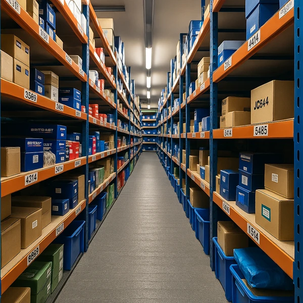 Inside the JGS4x4 UK warehouse showing stocked parts and accessories on organised shelving