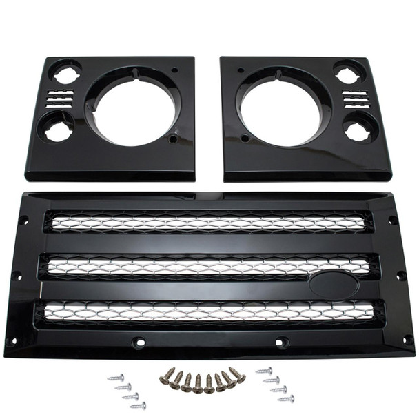Britpart XS Grille & Headlamp Surround Gloss Black With Silver Mesh for Defender, black set of grille and headlamp surround components with silver mesh and installation screws. Britpart XS Grille & Headlamp Surround Gloss Black With Silver Mesh for Defender, black set of grille and headlamp surround components with silver mesh and installation screws.