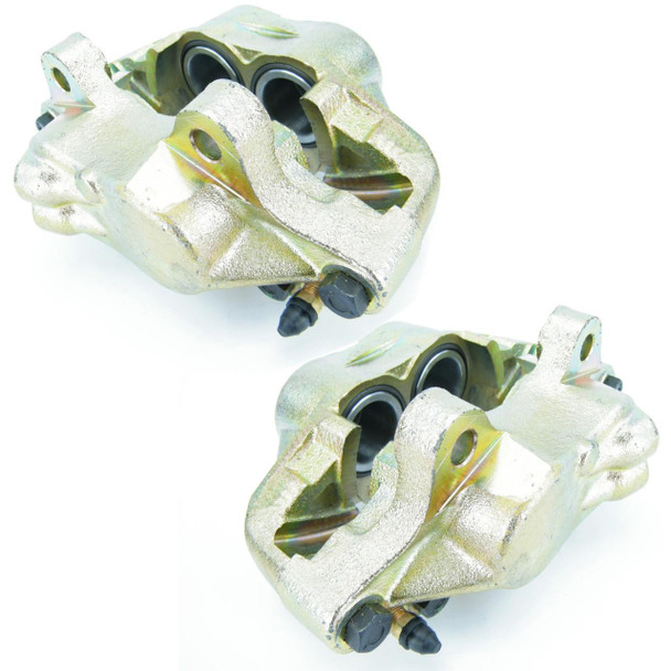Direct Replacement Front Brake Caliper Pair for Discovery 1 300TDi, automotive brake caliper pair with gold-coloured finish and dual pistons for front disc brakes.