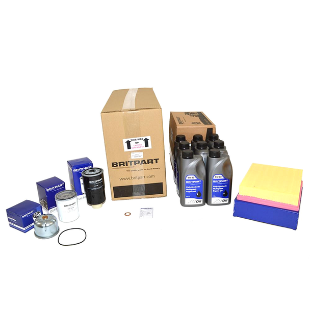Britpart Engine Service Filter Kit with 5W30 Engine Oil for Defender Td5 1998-2006, including oil filters, engine oil, and replacement filters.
