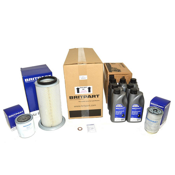 Britpart Range Rover Classic 200TDI 1989-1992 Engine Service Filter Kit With 10W40 Engine Oil, car engine maintenance replacement filters and oil bottles displayed for vehicle service.