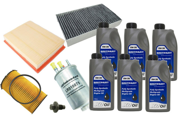 Britpart Engine Service Kit With Oil for Discovery 3 and Range Rover Sport 2.7 TdV6, includes engine oil, filters, and related parts.