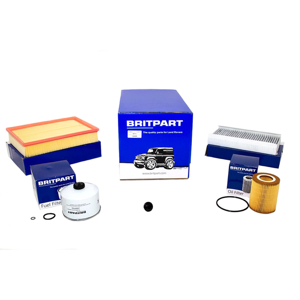Britpart Engine Service Filter Kit for Range Rover Sport L320 3.0 V6 Diesel 2009-2012, image showing various engine filters and parts in packaging Britpart Engine Service Filter Kit for Range Rover Sport L320 3.0 V6 Diesel 2009-2012, image showing various engine filters and parts in packaging