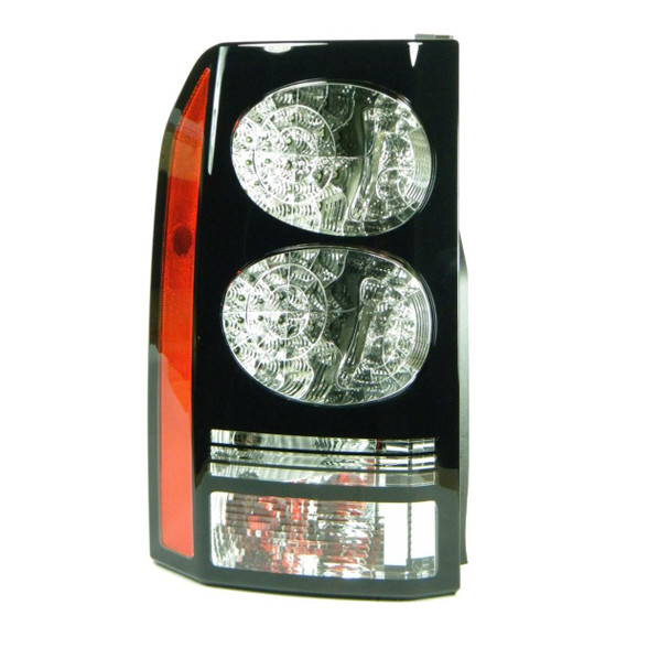 VALEO Rear BLACK Led Tail Light Left Hand OEM for Discovery 4, car tail light with dual round LED sections and red and clear lens detail for vehicle lighting.