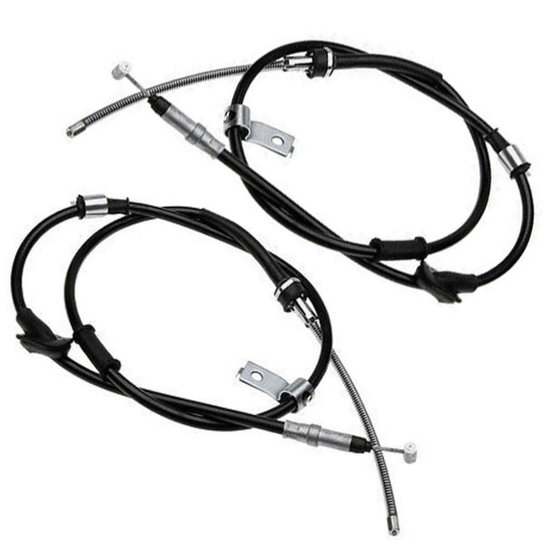 Direct Replacement Hand Brake Cables Pair for Freelander 1, black cables with metal connectors and brackets for vehicle installation.