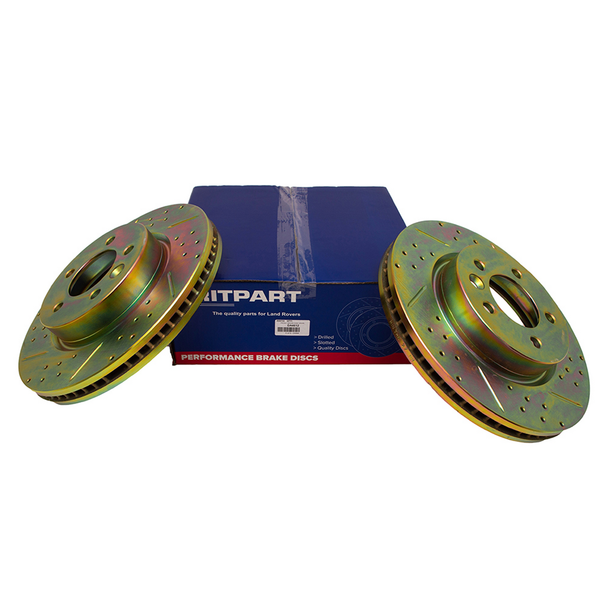 Britpart Front Brake Discs Vented Drilled and Grooved Performance Upgrade for Discovery 4, image showing two gold-coloured vented, drilled, and grooved brake discs with their packaging box.