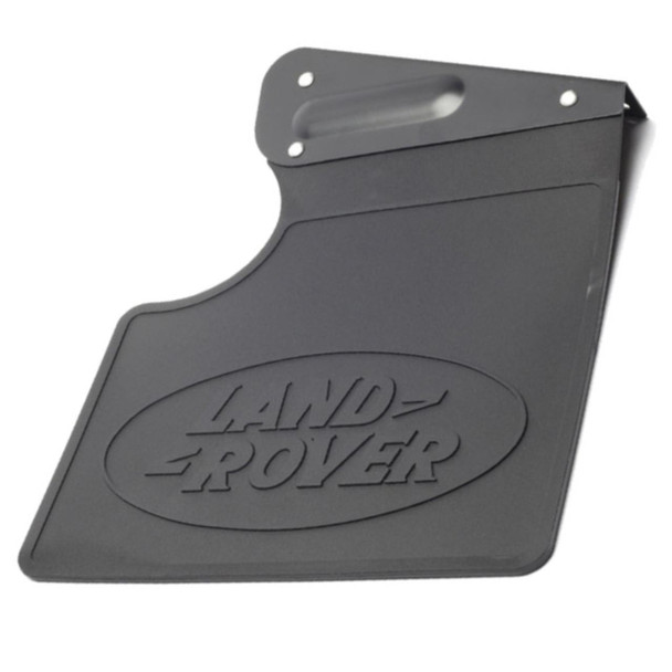 Genuine Land Rover Mud Flap Rear Left Genuine Land Rover Parts for Defender 90 Td5 PUMA, black mud flap with embossed Land Rover logo designed for rear left side of Defender 90 model.