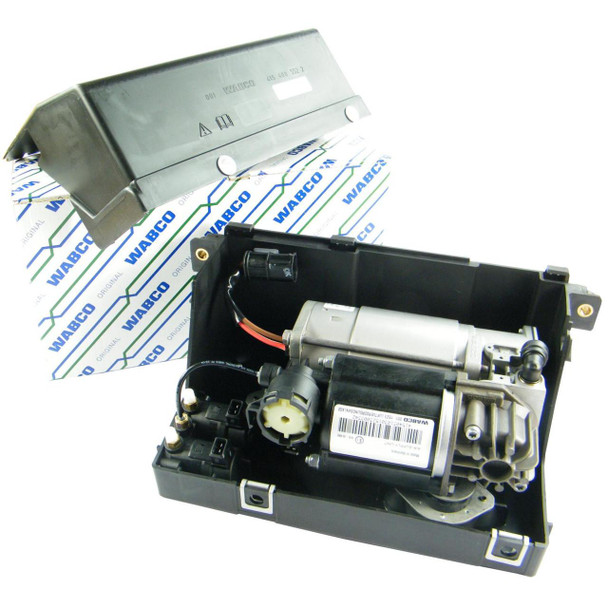 WABCO Discovery 2 Air Suspension Compressor Pump, internal view showing motor, pump, and wiring in black casing with metal components.