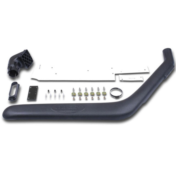 Safari Raised Air Intake Snorkel Kit for Discovery 2 Td5 and V8, left side fitment, including various components and mounting hardware for off-road vehicle protection.