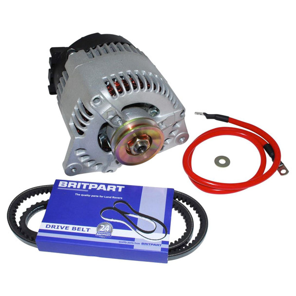 Britpart Alternator Upgrade Kit 100 AMP for Defender 200TDi, automotive alternator with drive belt, red wiring, and mounting hardware.