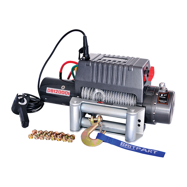Britpart Pulling Power Recovery Winch 12,000lb 12v Wire Rope, rugged electric winch with steel wire rope, remote control, and mounting accessories for off-road recovery and vehicle rescue.