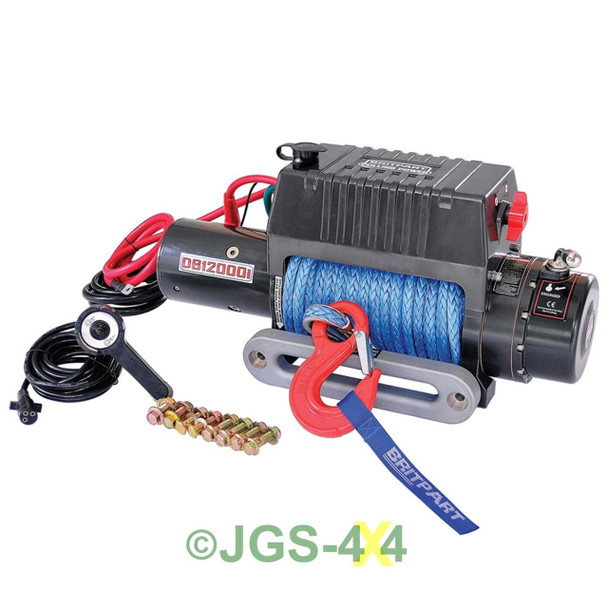 Britpart Pulling Power Recovery Winch 12,000lb Dyneema Synthetic Rope, rugged recovery winch with blue Dyneema rope and red hook for off-road vehicle recovery.