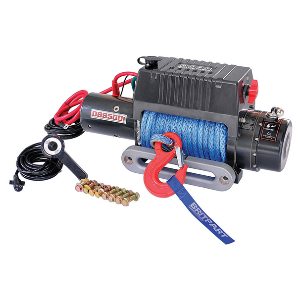 Britpart Pulling Power Recovery Winch 9,500lb Dyneema Synthetic Rope, heavy-duty electric recovery winch with blue synthetic rope, red hook, control cable, and mounting hardware for off-road vehicle recovery.