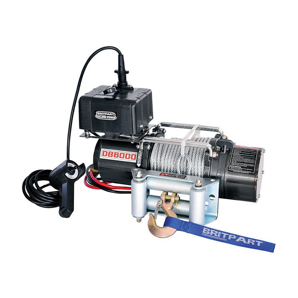 Britpart Pulling Power Recovery Winch 6,000lb 12v Wire Rope, industrial recovery winch with wire rope, control handle, and heavy-duty hook