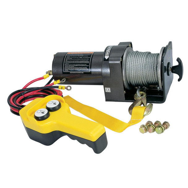 Britpart Pulling Power ATV Winch 2,000lb 12v Wire Rope, electric winch with yellow remote control and metal wire cable.