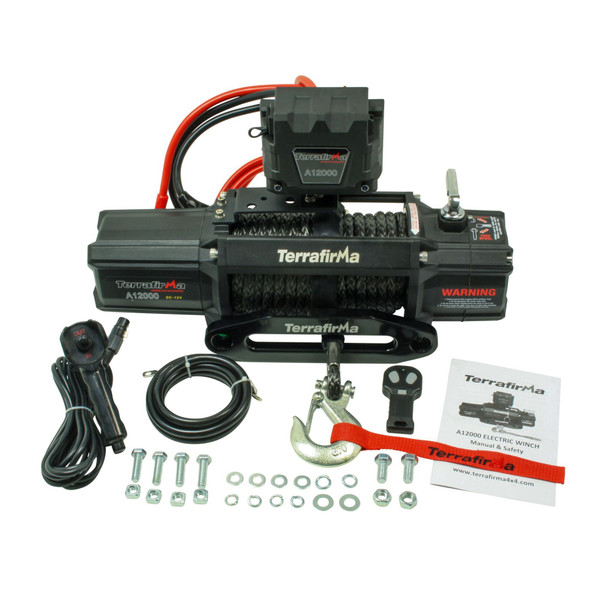Terrafirma A12000 Recovery Winch with Synthetic Rope and Wireless Remote, showing the black electric winch with control switch, synthetic rope reel, and remote control, designed for off-road recovery vehicles.